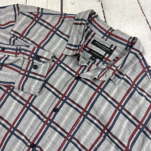 Banana Republic Button Down Shirt Mens Large Camden Fit Burgundy Grey Plaid - Picture 1 of 10